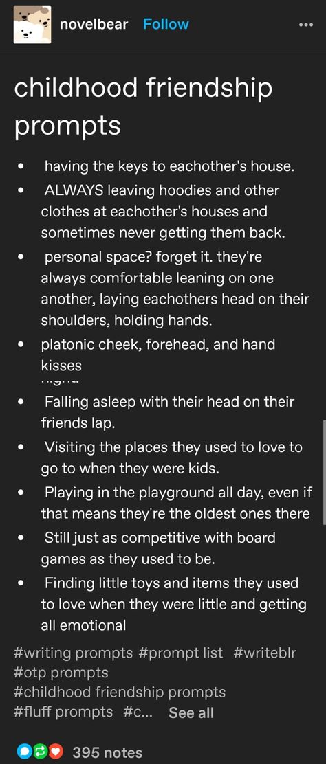 Gang Story Ideas, Childhood Writing Prompts, Character Meeting Ideas, Writing Prompts Friends To Lovers, Best Friends Prompts, Friend Group Writing Prompts, Characterisation Writing, Friend Group Prompts, Sibling Dynamics Writing