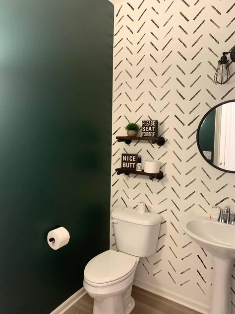 Painted Accent Wall Bathroom, Geometric Wall Paint Bathroom, Black And White Wall Painting Ideas Bathroom, Checkered Bathroom Wall, Accent Wall Bathroom Painted, Stencil Accent Wall Bathroom, Bathroom Wall Painting Ideas, Black And White Tile Bathroom Paint Wall Colors, Half Bathroom Accent Wall