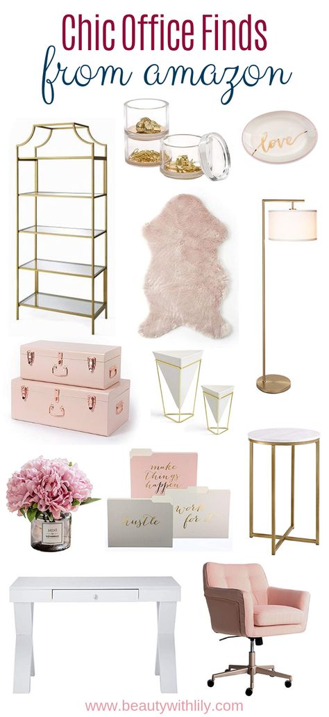 Chic Office Finds From Amazon - Beauty With Lily Office Ideas For Women Business, Office Finds, Office Ideas For Women, Girly Office, Home Office Ideas For Women, Glam Office, Chic Office Decor, Blush Decor, Desain Pantry