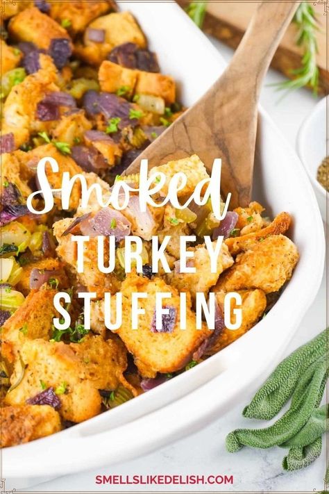 Take your stuffing game to a whole new level with Smoked Turkey Stuffing!  This recipe infuses traditional stuffing ingredients with smoky goodness, creating a flavor explosion in every bite.  Enjoy it alongside your smoked turkey or serve it as a standalone side dish - it's guaranteed to disappear quickly! Turkey Stuffing Recipe, Creamy Green Beans, Turkey Stuffing Recipes, Perfect Roast Turkey, Stuffing Ingredients, Thanksgiving Side Dish, Turkey Broth, Turkey Stuffing, Turkey Gravy