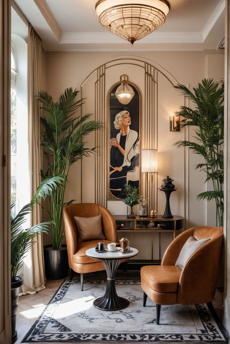 10 Ideas and Inspiration for Art Deco Style Coffee Corners - afullmug.com Modern Art Deco Hotel Lobby, Modern Art Deco Living Room Inspiration, Art Deco Glam Living Room, Art Deco Interior Apartment, Deco Art Deco, Art Deco Houses Interior, Art Deco Interior Design Modern, Art Deco Modern Interior, Art Deco Living Room 1920s