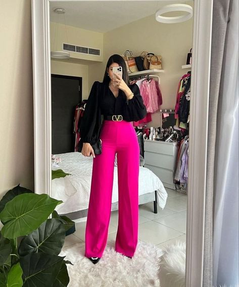 How To Style Pink Trousers Women, Pink Wide Leg Pants Outfit High Waist, Hot Pink Slacks Outfit, Pink Dress Pants Outfit Business Casual, Pink Silk Pants Outfit, Pink Formal Pants Outfit, Pink Work Pants Outfit, Pink Pant Suit For Women, Pink Slacks Outfit Work