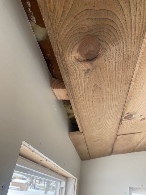 Stained and Planked Ceiling DIY – How-To! | Hometalk Plywood Plank Ceiling, Panelled Ceiling, Planked Ceiling, Stained Shiplap, Stained Beam, Tounge And Groove, Ceiling Diy, Wood Plank Ceiling, Shiplap Boards