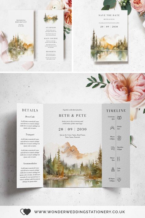 Autumn Mountains Gatefold Wedding invitations Trees Wedding Invitation, Autumn Wedding Invites Invitation Ideas, Aquarelle Wedding Invitation, Creative Invitation Card, Fall Lake Wedding, Landscape Invitation, Lake Wedding Invitations, Autumn Wedding Invitations, Gatefold Wedding Invitations