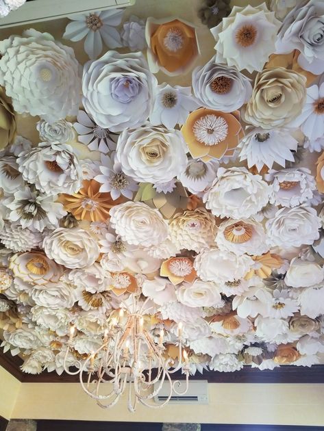 Paper Flower ceiling Paper Flowers Ceiling, Flower Ceiling Diy Bedroom, Hanging Flower Ceiling Bedroom, Faux Flower Ceiling Installation, Pink Flower Ceiling, Floral False Ceiling Design, Non Christmas Winter Decor, Giant Paper Flower Backdrop, Winter Decor Ideas For The Home