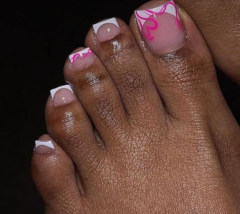 Junk Toe Nails, White French Tip Toes With Design, Pedicure Designs Toenails Fall, Cute Toes Nails, French Tip Pedi, Holiday Pedicure Ideas, Acrylic Nails And Toes Matching, Big Toe Design, Acrylic Toes Ideas