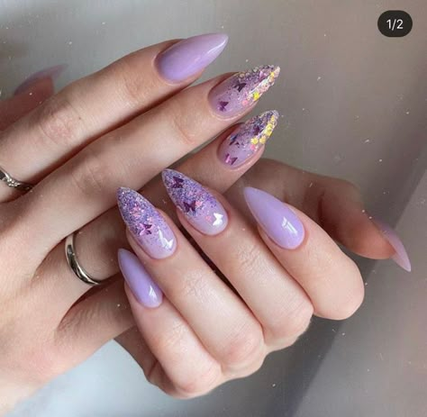 Pink And Purple Nails Almond, Almond Lilac Nails, Purple Nail Designs Almond, Lavender And Pink Nails, Purple Almond Nails Design, Lilac Almond Nails, Quinceañera Planning, Future Nails, Summer Nails 2023