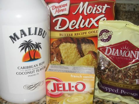 Malibu rum cake--Ooooh yeah! Gotta try this. Malibu is my favorite ! I would like almonds instead of pecans. Good reason for me to buy a bundt pan. lol. @Jennyy71 Malibu Rum Cake, Alcohol Cakes, Dorm Meals, Heavenly Desserts, Rum Cake Recipe, Malibu Coconut, Golden Cake, Dump Cakes, Malibu Rum