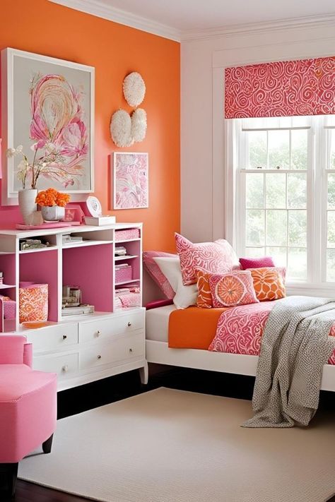 Pink And Orange Decor, Pink And Orange Bedroom, Sophisticated Bedding, Orange Room Decor, Orange Bedroom Ideas, Bedroom Colours, Preppy House, Bedroom Transformation, Bedroom Ideas For Small Rooms Diy