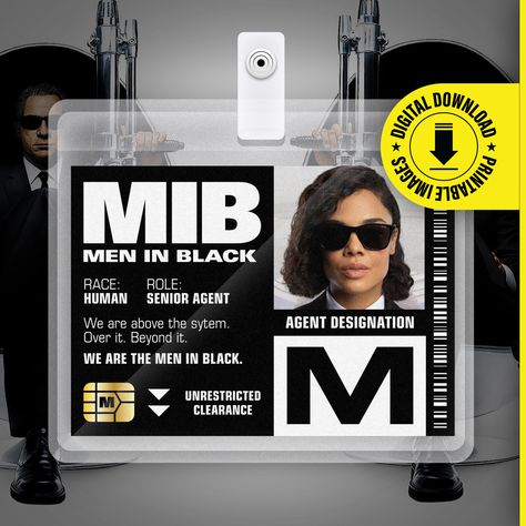 FAN ART - NOT OFFICIALLY LICENSED MERCHANDISE 👽 Unleash Your Inner Agent! 👽 Transform into a stylish Men in Black agent with our MIB ID Badge Card, perfect for Halloween, cosplay, or MIB themed parties! This professionally designed, high-quality printable PDF file allows you to print your very own MIB identification badge with ease. 🚀 What You'll Receive: One (1) Printable PDF file for the MIB ID Badge Card Card size: 2.375 inches x 3.375 inches (6 cm x 8.5 cm) 🛸 Instant Download: Upon purch Men I Black Halloween Costume, Men In Black Costume Accessories, Men In Black Theme Party, Mib Id Card Template Printable, Men In Black Badge, Mib Id Card, Mib Badge, Man In Black Costume, Mib Costume