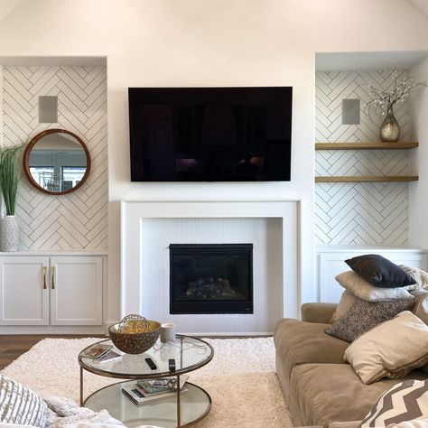 Herringbone (Niches) Fitted Cabinets, Floating Mantel, Ceiling Treatments, Austin Homes, Slat Wall, Ceiling Beams, Wall Gallery, Accent Walls, Baseboards