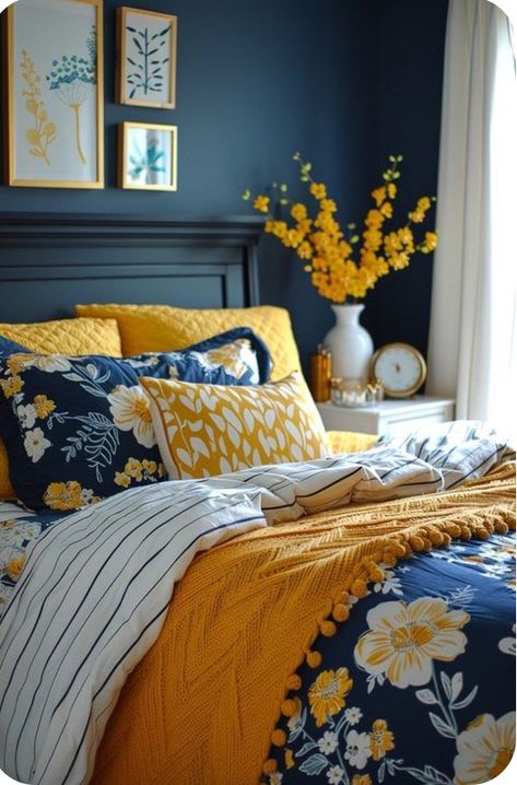 Mustard Yellow Navy Blue Living Rooms, Yellow Bedroom Inspirations, Navy Blue And Mustard Bedroom, Yellow Room Ideas Bedrooms, Navy Blue And Yellow Bedroom, Yellow And Blue Bedroom, Blue Yellow Color Palette, Sally House, Cheerful Bedroom