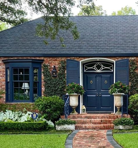 The Potted Boxwood on Instagram: "brick and navy 🍃 #ChicinDallas #dallas #curbappeal #design #landscape #architecture #thepottedboxwood" Blue Shutters Brick House, Brick House With Blue Shutters, Shutters Brick House, Navy Blue House, Navy Blue Houses, Potted Boxwood, House Brick, Blue Shutters, Red Brick House