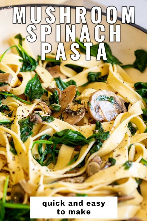 This easy Spinach Mushroom Pasta dish is ready in under 30 minutes so that you can have a flavorful veggie-packed pasta dish on the table in no time. This vegetarian pasta dish is perfect for those nights when you want to whip up something quick, tasty, and satisfying. The beauty of this recipe is that it can be customized to your liking, adding protein or extra veggies. Plus, you can serve it as a main with a side salad or as a side with some chicken breasts, pork chops, or seared steak. Mushroom Spinach Pasta, Chicken Spinach Mushroom, Spinach Noodles, Spinach Mushroom Pasta, Spinach Pasta Recipes, Vegetarian Pasta Dishes, Mushroom Recipes Pasta, Mushroom Spinach, Spinach Mushroom