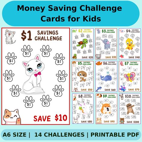 Help the kids in your life learn how to save with this awesome set of 14 kid-friendly savings challenge printables! Your Little Ones simply color in the fun icon on each savings challenge as they save that amount of money, and these fit perfectly into an A6 sized cash binder! 5 Dollar Challenge Savings Plan, Easy Savings Challenge, Savings Challenge For Kids, Baby Savings Challenge, Kids Savings Challenge, Kids Savings Plan, College Savings Plan Kids, Mini Savings Challenge, Kids Savings Plan Children