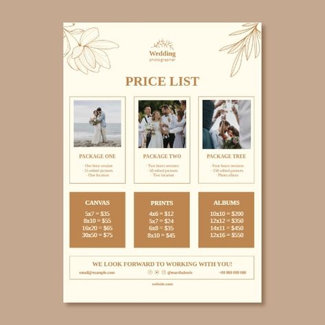 Floral wedding photographer price list | Free Vector #Freepik #freevector #floral-template #wedding-template #wedding #wedding-floral Photographer Price List, Photographers Price List, Floral Template, Template Wedding, Wedding Floral, Price List, Vector Photo, Print Images, Floral Wedding