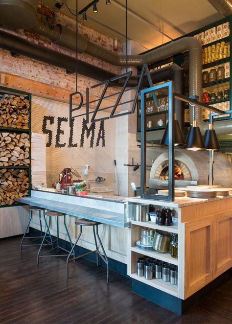 Pizza Place Interior Design, Modern Pizza Shop, Italian Pizza Restaurant Interior Design, Pizza Restaurants Interiors, Industrial Pizza Restaurant, Service Counter, Environmental Graphics Signage, Pizza Kitchen, New York Pizza