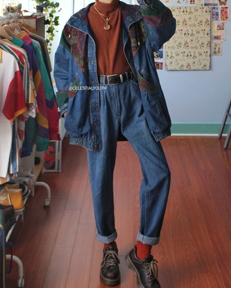 80s London Fashion, Artsy Masculine Outfits, Color Blocked Outfits, Neo Folk Fashion, Highwater Jeans Outfit, 70s Tomboy Style, Grunge Enby Outfits, Whimsical Masculine Outfit, Nonbinary Fall Fashion