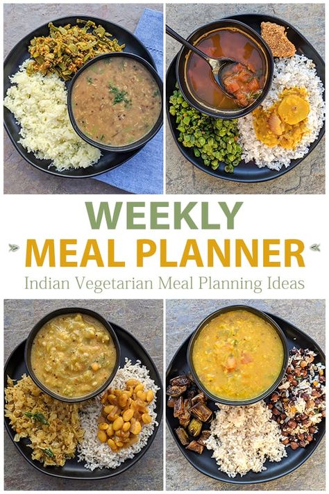 A perfect meal planner loaded with veggies and plant-based protein like beans, lentils, and legumes. Here is the perfect Indian Vegetarian Meal Planner. #vegetarian #Indian #mealplanner #mealplan #Indianrecipes | VidhyasHomeCooking.com 1200 Calorie Diet Meal Plans, Lunch Recipes Indian, Indian Dinner, Vegetarian Meal Plan, Vegetarian Indian, Vegetarian Meal, Weekly Meal Planner, Vegetarian Recipes Dinner, Indian Food Recipes Vegetarian