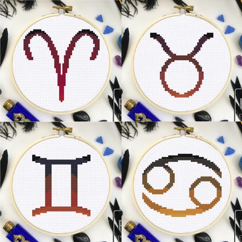 The twelve symbols of the zodiac presented in complementary jewel tone ombres. Each one is stitched with 6 DMC colours, making the palettes completely interchangeable between themselves and other bundles by this seller. This PDF includes the patterns for all twelve symbols, both in one large file and individually.

All Thimbleey patterns come with a Quick Start document for beginners, designed to walk you through the first steps and teach you the basics of cross stitch! Gemini Cross Stitch, Libra Cross Stitch Pattern, Aries Cross Stitch Pattern, Cross Stitch Zodiac Pattern, Horoscope Cross Stitch, 12 Signs, Pdf Patterns, Jewel Tones, Thing 1 Thing 2