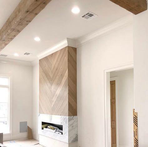 Fireplace Wall Finishes, Wood Paneling Fireplace Wall, Fireplace Statement Wall, Ceiling Fireplace Ideas, Wood Tile Fireplace, Living Room Focal Wall, Bedroom Fireplace Wall, Floor To Ceiling Fireplace, Lakehouse Living Room