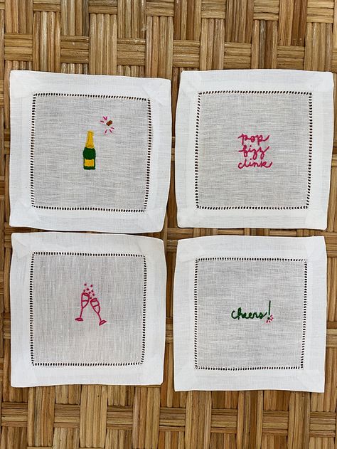 Embroidery Cocktail, Carly The Prepster, Embroidered Cocktail Napkins, Hand Embroidered Gifts, Embroidery Napkins, Diy Napkins, Embroidered Napkins, Custom Napkins, Embroidered Gifts