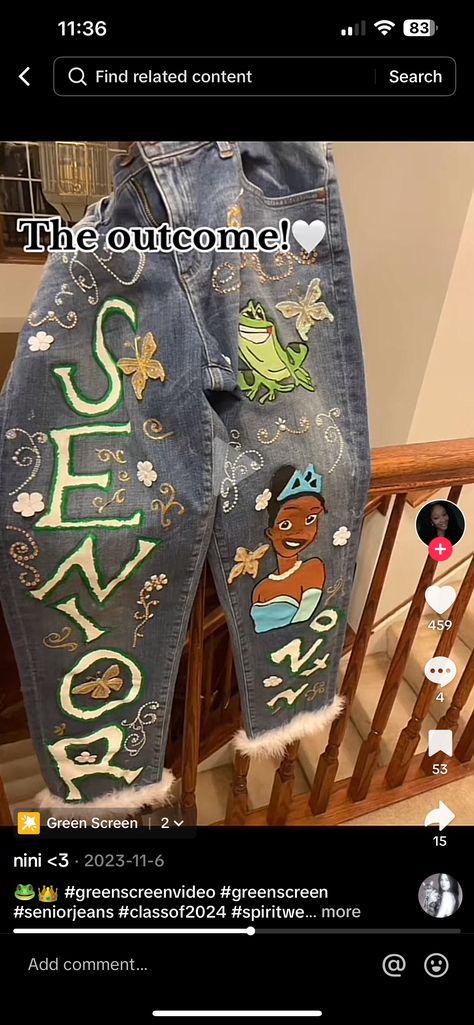 Aka Painted Jeans, Princess And The Frog Outfit Ideas, Madea Costume, Homecoming Jeans Ideas, Senior Painted Jeans, Senior Pants, Senior Year Diy, Diy Graduation Decorations, Senior 25