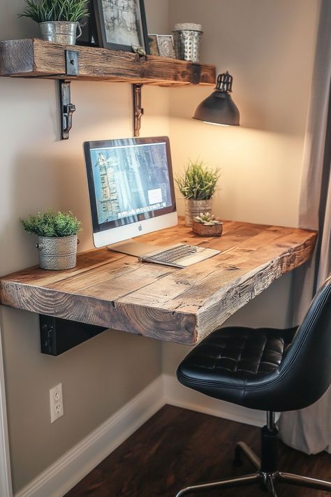 "Create a cozy workspace with a DIY Rustic Wood Floating Desk! 🪵✨ Perfect for small spaces, this project combines style and function, adding a rustic charm to your home office. Get crafting and make work-from-home more enjoyable! 🏡💼 #RusticDecor #DIYDesk #HomeOffice" Work Desk Small Space, Farm House Desk, Desk In The Kitchen, Office Table In Bedroom, Rustic Farmhouse Office Ideas, Home Made Desk Ideas, Small Office Nook Ideas, Diy Office Desk Decor, Desk Ideas Vintage