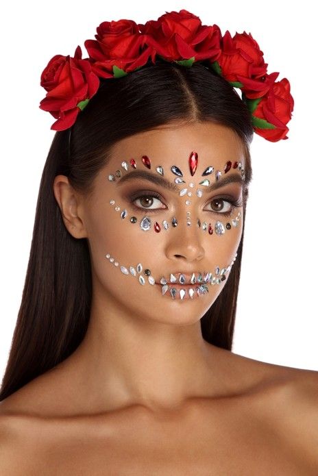 Rose Headband & Face Gems Catrina Costume, Halloween Makeup Sugar Skull, Halloweenský Makeup, Dead Makeup, Full Lace Front Wigs, Halloween Makeup Diy, Halloween Makeup Pretty, Cool Halloween Makeup, Sugar Skull Makeup