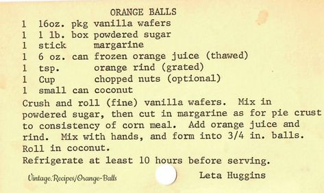 Vanilla Wafer Recipe, Orange Balls, Sugar Sticks, Coconut Balls, Recipe Scrapbook, Orange Rind, Frozen Chocolate, Peanut Butter Balls, Vanilla Wafers