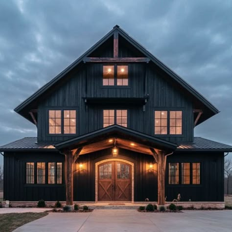 35 Black Barndominium Exterior Ideas - Home Soils Goth Barndominium, Barndominium Landscaping, Barndo Designs, Black Barndominium Exterior, Inside Barndominium, Barndominium Exterior Ideas, Barndominium Exterior, Barndominium Home, Custom Barndominium