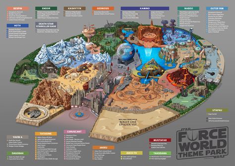 Force World fan concept for Star Wars theme park Theme Park Map, Star Wars Land, Indoor Amusement Parks, Star Wars History, Planet Coaster, The Europe, Fantasy World Map, Disney Imagineering, Disney Rides