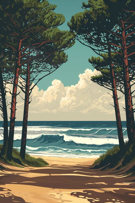 🖼️✨Travel Wall Art with Midjourney Prompts - Click the Link in my Bio📌🔗 Nature Pixel Art, Painting Of A Beach, Lo Fi Aesthetic, Gouache Painting Ideas, Painting Canvas Ideas, Colour By Number, Beach Illustration, Dreamy Artwork, Paint Inspo