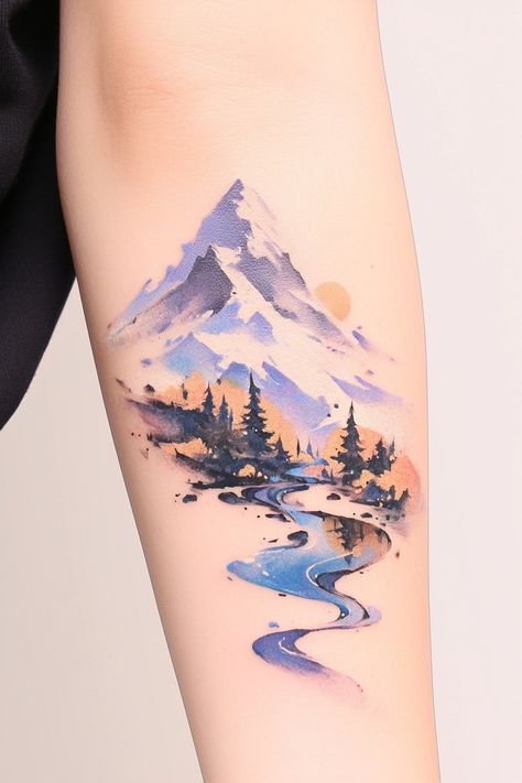 Seattle Tattoo Ideas, Colorado Tattoo Ideas For Women, Mountain Lake Tattoo, Watercolor Tree Tattoo, Healer Tattoo, Lights Tattoo, Mountain Tattoo Ideas, Northern Lights Tattoo, Moutain Tattoos