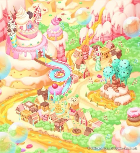 Game Level Design, Game Map, Strawberry Shortcake Cartoon, Bg Design, Casual Decor, City Drawing, Fantasy Setting, Kawaii Food, Fantasy Art Landscapes