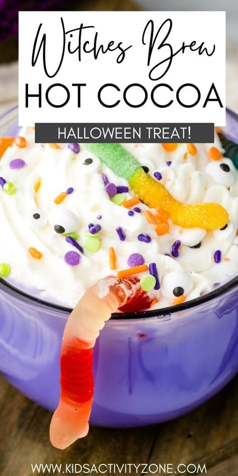 Colored Hot Chocolate, Halloween Drink Recipes Nonalcoholic, Halloween Crockpot Hot Chocolate, Witches Desserts, Halloween Hot Chocolate Bar Ideas, Halloween Hot Cocoa Bar Ideas, Halloween Hot Chocolate Station, Hot Chocolate Bar Halloween, Hot Halloween Drinks