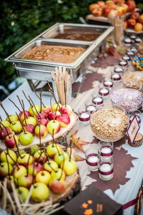 Or have a make-your-own candy apple station | Community Post: 32 Pinterest Inspired Ideas To Fall Into Your Wedding Caramel Apple Bar, Diy Caramel, Apple Bar, Caramel Apple Bars, Apple Bars, Bridal Guide, S'mores, Dessert Bar, Fall Party