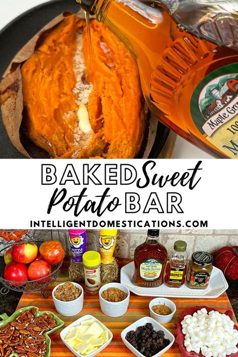 A large list of favorite baked sweet potato toppings. Plus a sweet potato topping bar you can set up on your kitchen counter for a baked sweet potato buffet. Potato Buffet, Baked Sweet Potato Toppings, Potato Bar Party, Sweet Potato Bar, Baked Potato Bar Toppings, Potato Bar Toppings, Baked Sweet Potato Oven, Family Picnic Food, Baked Potato Dinner