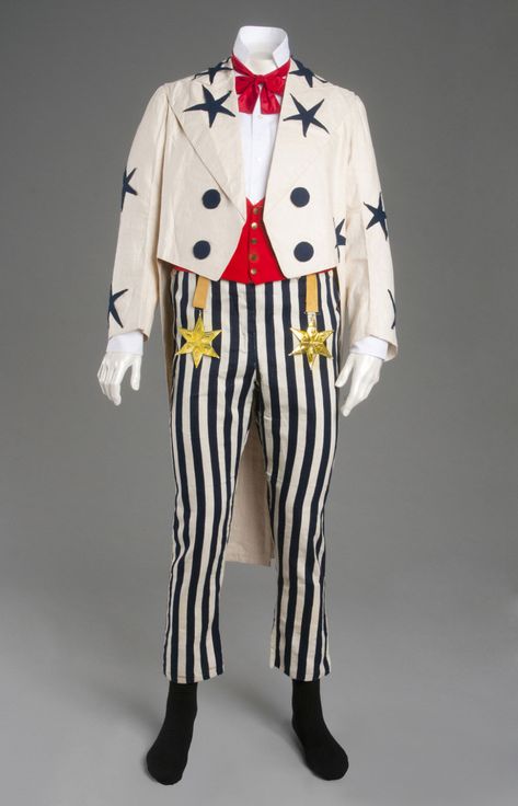 Early 20th Century, Man's Uncle Sam Costume: Coat, Trousers and Waistcoat. Coat: white cotton/linen plain weave, blue wool twill appliqués; Trousers: white and blue striped ribbed cotton; Waistcoat: red wool plain weave, white cotton/linen plain weave. Philadelphia Museum of Art, USA. Uncle Sam Costume, Pierrot Clown, Funky Outfits, Philadelphia Museum Of Art, Uncle Sam, Estilo Punk, Stars And Stripes, Fantasy Fashion, Character Outfits