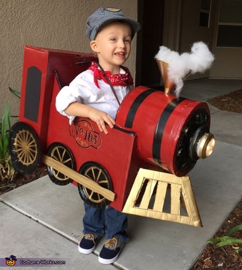 Ashley: My three year old son is wearing the costume and his obsession with trains and pinterest of course were my inspiration! I was trying to come as close to free... Toddler Train Costume, Diy Train Costumes For Kids, Train Costumes For Kids, Toy Costume Ideas, Train Halloween Costume, Train Conductor Costume, Cardboard Train, Train Costume, Decoracion Halloween