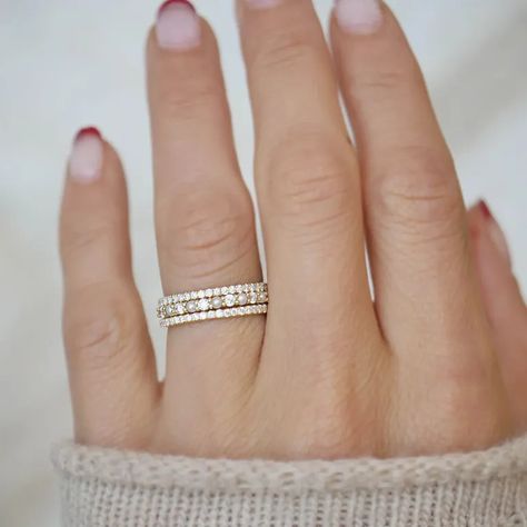 Purchasing your engagement and wedding rings together as a set ensures a perfect match—just like your partnership. Wide Engagement Ring, Delicate Stacking Rings, Mens Diamond Band, Champagne Diamond Rings, Wedding Ring Styles, Wedding Day Jewelry, Eternity Rings, Stacking Ring Set, Eternity Ring Diamond