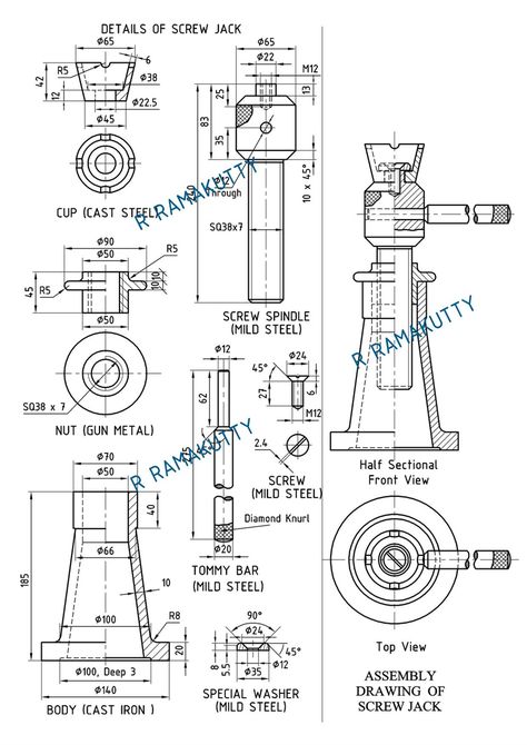 Machine Drawing: SCREW JACK Screw Jack Drawing, Assembly Drawing Mechanical, Mechanical Assembly Drawings, Machine Drawing Mechanical, Engineering Drawing Mechanical, Autocad 3d Modeling, Mechanics Drawing, Solid Works Assembly Drawings, Autocad 2d Drawing Mechanical