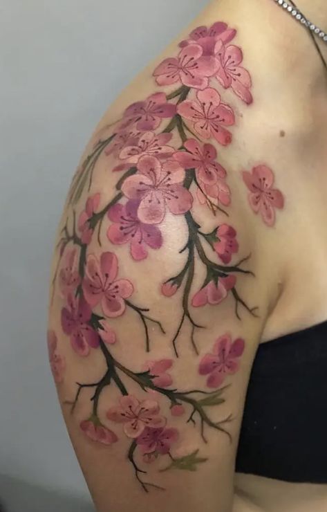 Cherry Blossom Tattoo Shoulder, Dragon Hand Tattoo, Cherry Tree Tattoos, Pink Flower Tattoos, Best Tattoo Ideas For Men, Arm Sleeve Tattoos For Women, Flower Tattoo Ideas, Tattoos To Cover Scars, Flower Wrist Tattoos