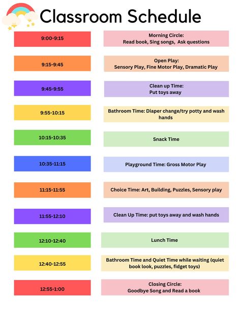 An easy to use WEEKLY SCHEDULE that is fully customizable on GOOGLE SHEETS and an easy to use daily routine schedule that is fully customizable on Canva. These templates will help preschool/daycare teachers get their little ones on a consistent schedule. This provides you with a schedule you can post in the classroom and one to use when planning your weekly curriculum. There is ONE digital download of the product, a color version.  Follow the digital download sheet for instructions on what to do. IMPORTANT THINGS TO NOTE: Once the transaction is successful, you'll receive an email with a download PDF that contains the google sheets link. PLEASE CLICK THE LINK PROVIDED ON THE PDF. Once on google sheets you will have the option to download or print the empty schedule.  Editing on google shee Preschool Schedule Classroom, Daycare Schedule For Toddlers, Daycare Daily Schedule, Daycare Decorations, Preschool Daily Schedule, Daycare Design Ideas, Daycare Schedule, Routine Schedule, Daycare Curriculum