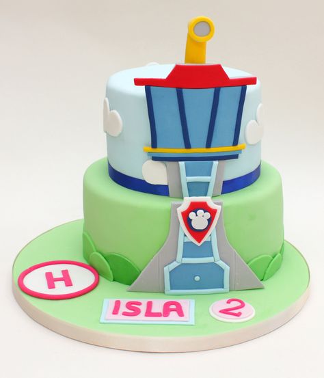 A 2D design for the lookout tower, made transportation a bit less stressful for the customer! The party was Skye themed, hence the pink helipad... Cake For Boys Birthday, Paw Patrol Lookout Tower, Paw Patrol Torte, Snowflake Wedding Cake, Paw Patrol Tower, Paw Patrol Lookout, Tower Cake, Paw Patrol Birthday Cake, Christmas Cake Pops