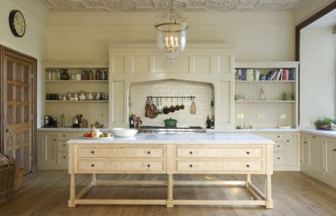 Bespoke cooks table in a traditional English country house kitchen Cooks Table, Manor House Kitchen, English Kitchens Design, Large Glass Pendant Light, Kitchen Lantern, Large Glass Pendant, Country House Kitchen, Table Kitchen Island, Bespoke Kitchen Design