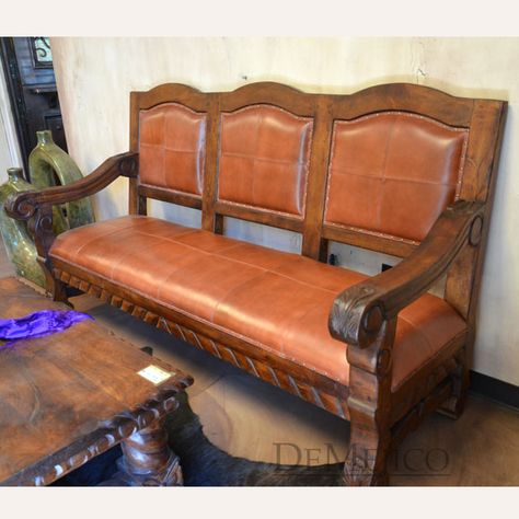 Large Screened In Porch, Old Door Bench, Full Grain Leather Sofa, Mexican Living Room, Spanish Style Furniture, Hacienda Decor, Rustic Wood Bench, Spanish Style Decor, Wood Benches