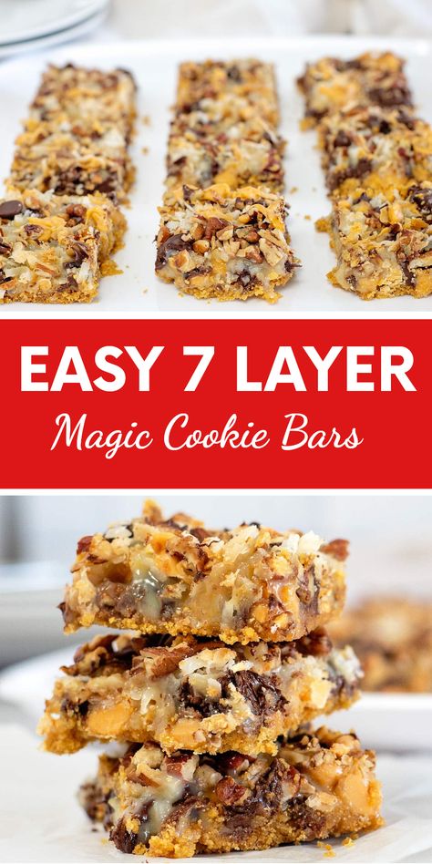 These Easy 7 Layer Magic Cookie Bars feature an irresistible combination of layers that result in a gooey, sweet delight perfect for any occasion. With every bite bombarded with rich flavors, these cookies come together simply and can satisfy all your dessert cravings. Ideal for gatherings, parties, or cozy nights in, they are sure to become a family favorite, standing out as the ultimate treat for both chocolate lovers and cookie fans alike. Indulge effortlessly with delightful Magic Cookie Bars all year round. Lazy Cookie Bars, 7 Layer Magic Cookie Bars, Best Bar Cookies, 7 Layer Cookie Bars, Seven Layer Cookies, 7 Layer Cookies, Desert Bars, Magic Cookie Bar Recipe, Dessert Cravings