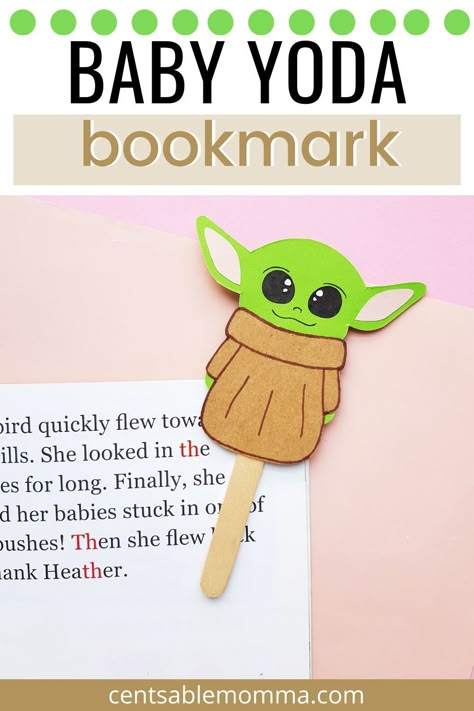 Celebrate May the 4th Be With You or use as a craft for a Star Wars party.  Either way, everyone will love this Baby Yoda Bookmark paper craft project.  Includes a free printable template. Yoda Bookmark, Star Wars Kids Crafts, Yoda Party, May Crafts, Star Wars Crafts, Pokemon Diy, Detective Pikachu, May The Fourth Be With You, Education Positive