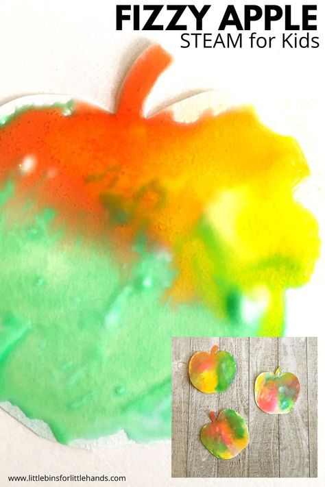 Fizzy Apple Art For Fall | Little Bins for Little Hands Life Cycle Of A Apple Preschool, Pre K Apple Art, Food Theme Art Preschool, Fizzy Apple Art, Apple Art Prek, Preschool Apple Crafts Art Projects, Rosh Hashana Activities For Kids, Apple Art Kindergarten, Apple Process Art Preschool